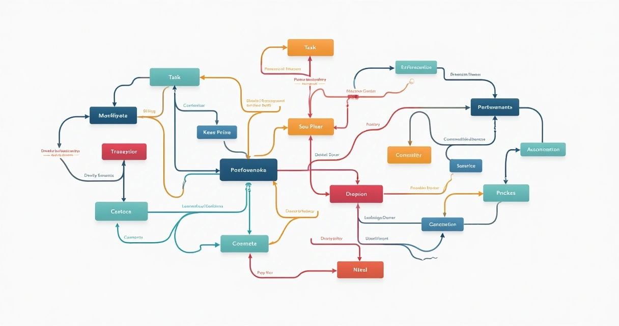 Tela com fluxograma de tarefas conectadas, mostrando dependências complexas de um projeto