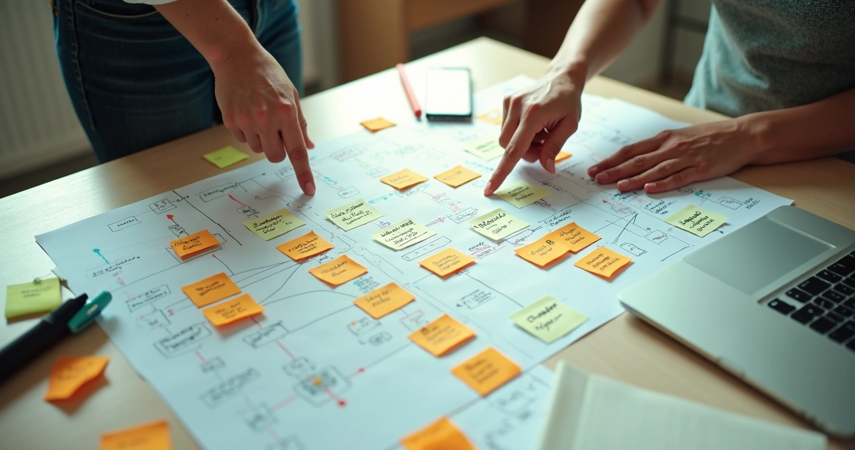 Mapa visual de relaciones en proyecto social con hilos y notas 