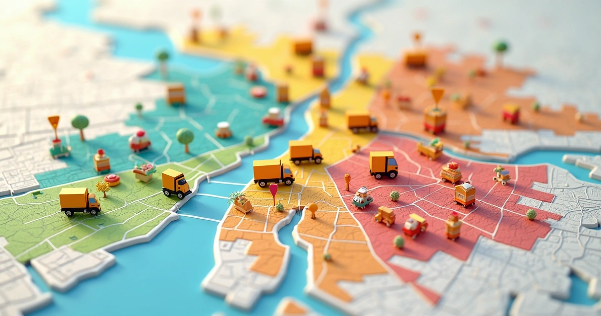 Mapa de uma cidade com bairros destacados para regiões de entrega 