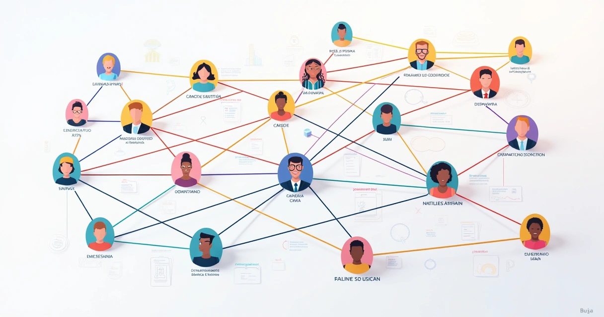 Mapa de relaciones laborales con nodos y líneas claras entre departamentos y cargos 