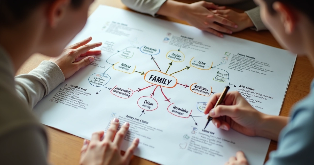 Mapa visual de relaciones familiares con nombres y líneas de conexión
