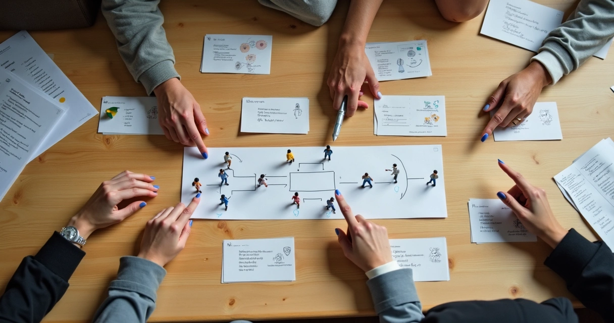 Mapa visual de relações de equipe sobre mesa de trabalho 