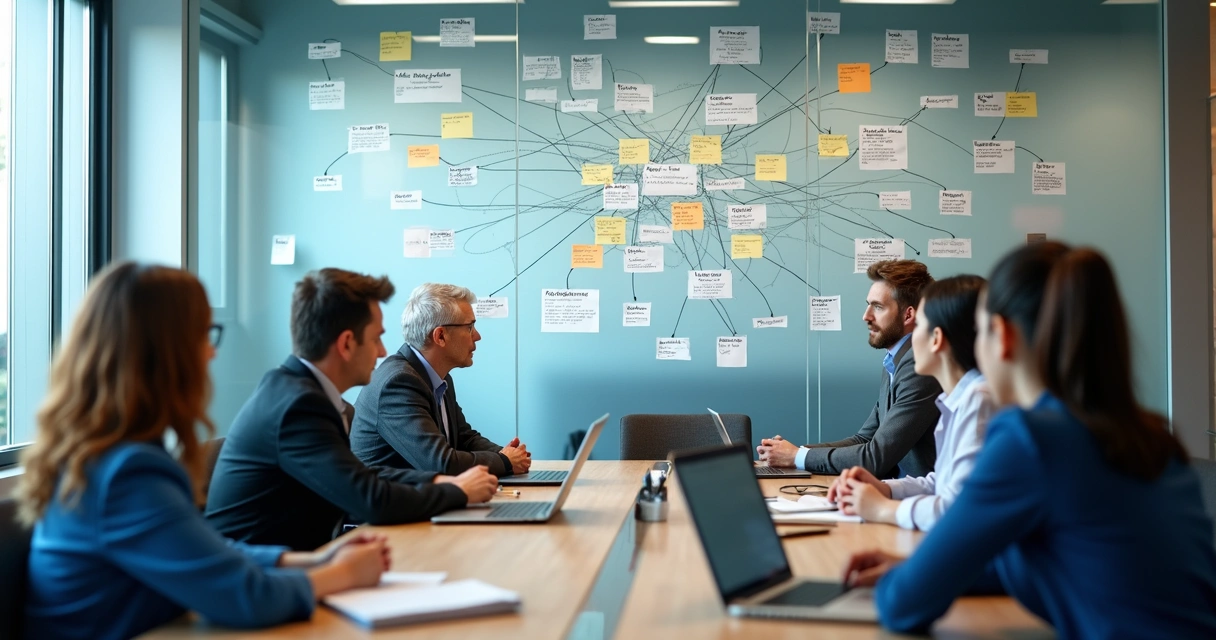 Quadro com conexões entre pessoas em uma reunião corporativa
