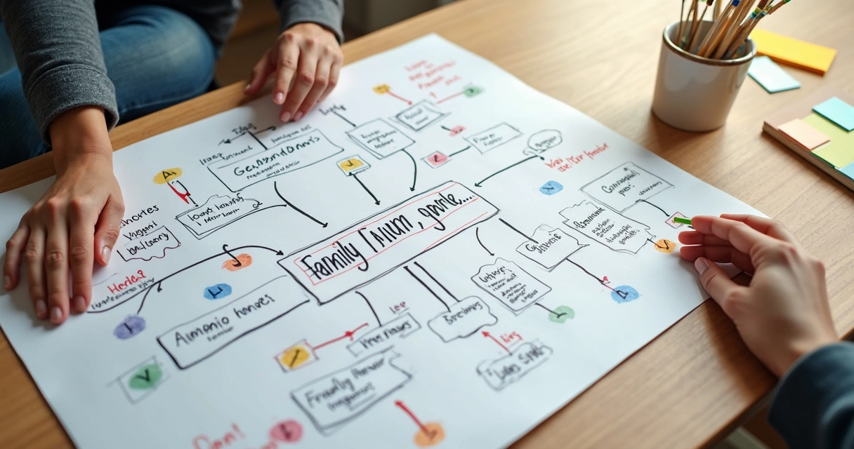 Diagrama de relações familiares desenhado em papel com linhas e círculos