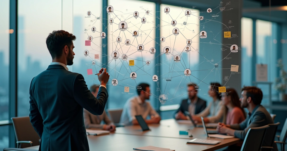 Profissional desenhando mapa de relações entre pessoas em quadro de vidro 