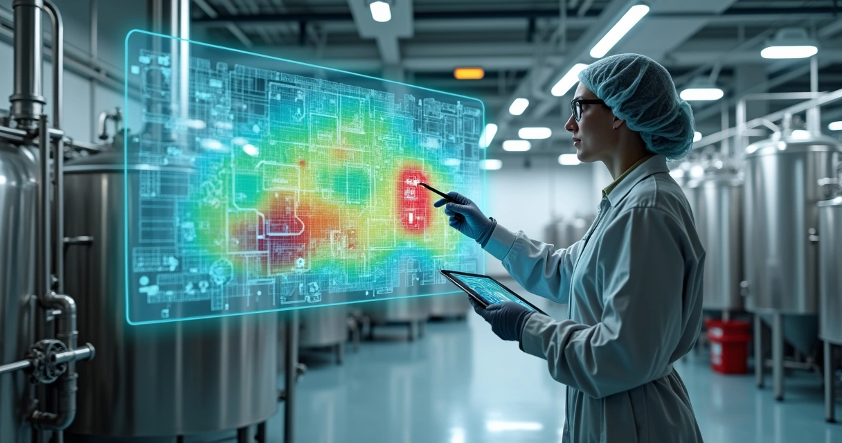 Planta fabril com mapa de calor digital destacando áreas de risco biológico 