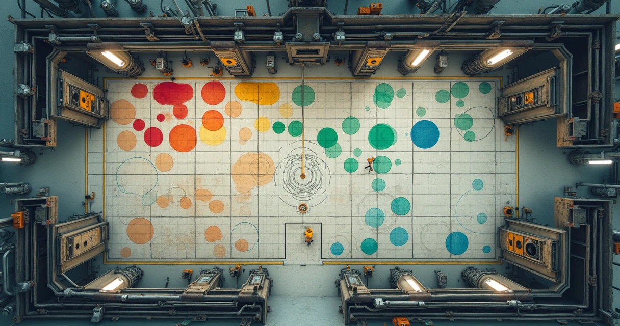 Exemplo de planta de indústria com círculos coloridos indicando riscos em diferentes áreas 