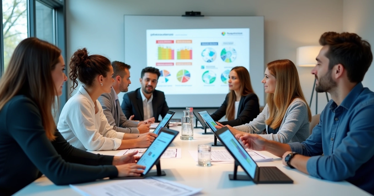 Reunião de equipe em ambiente corporativo discutindo riscos psicossociais com gráficos e questionários visíveis na mesa