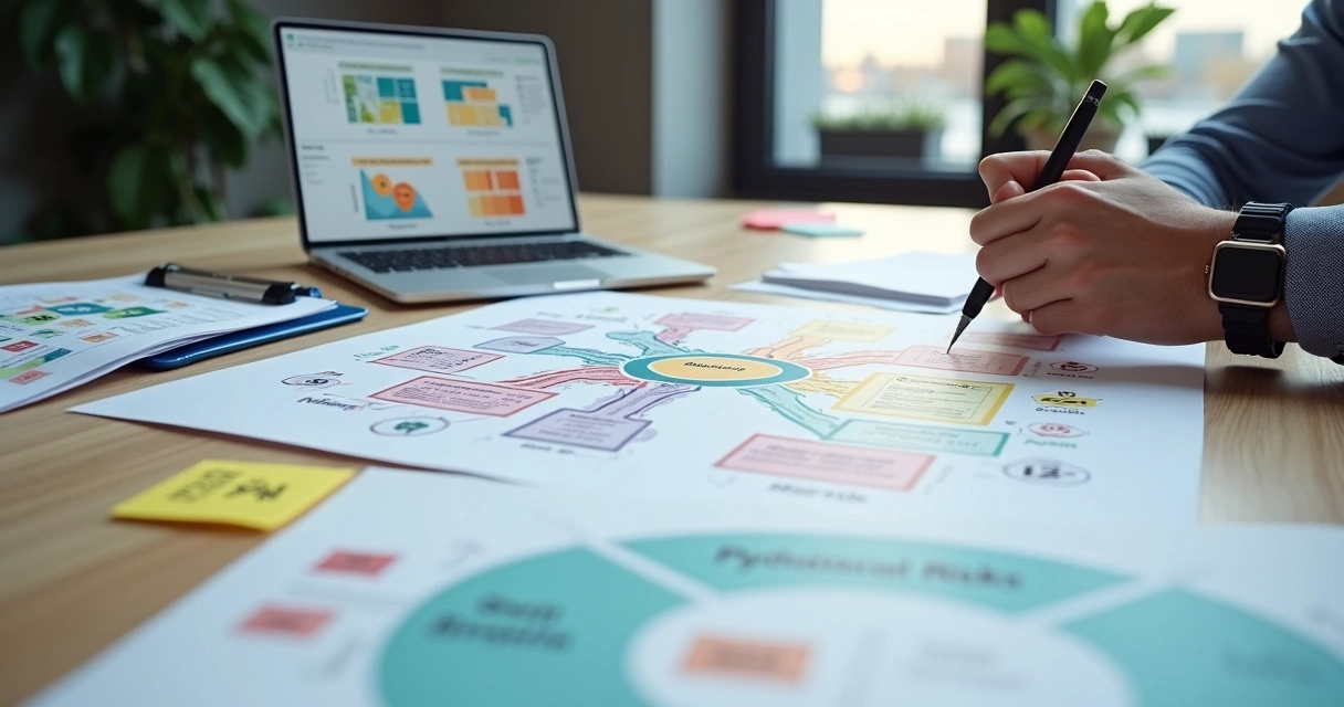 Mapa conceitual de riscos psicossociais em mesa de escritório com documentos de segurança do trabalho 