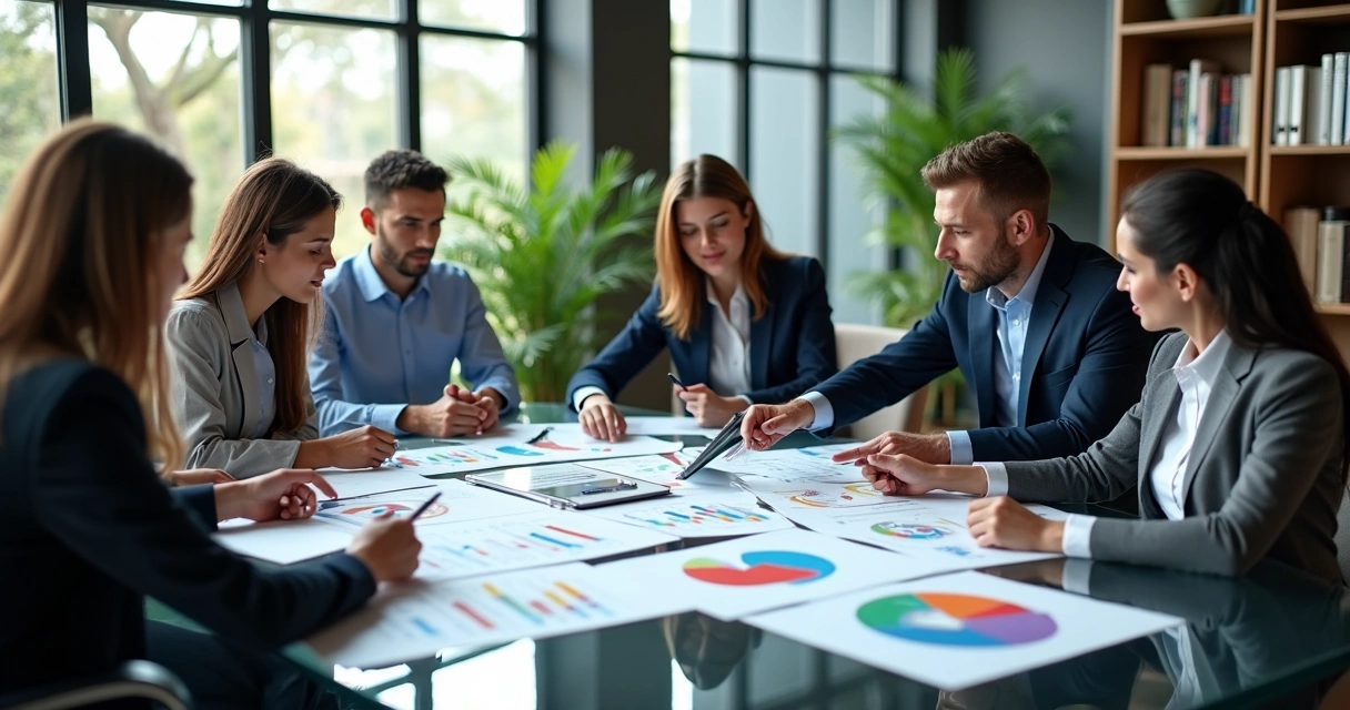 Profissionais em reunião analisando gráficos e dados sobre riscos psicossociais no ambiente de trabalho