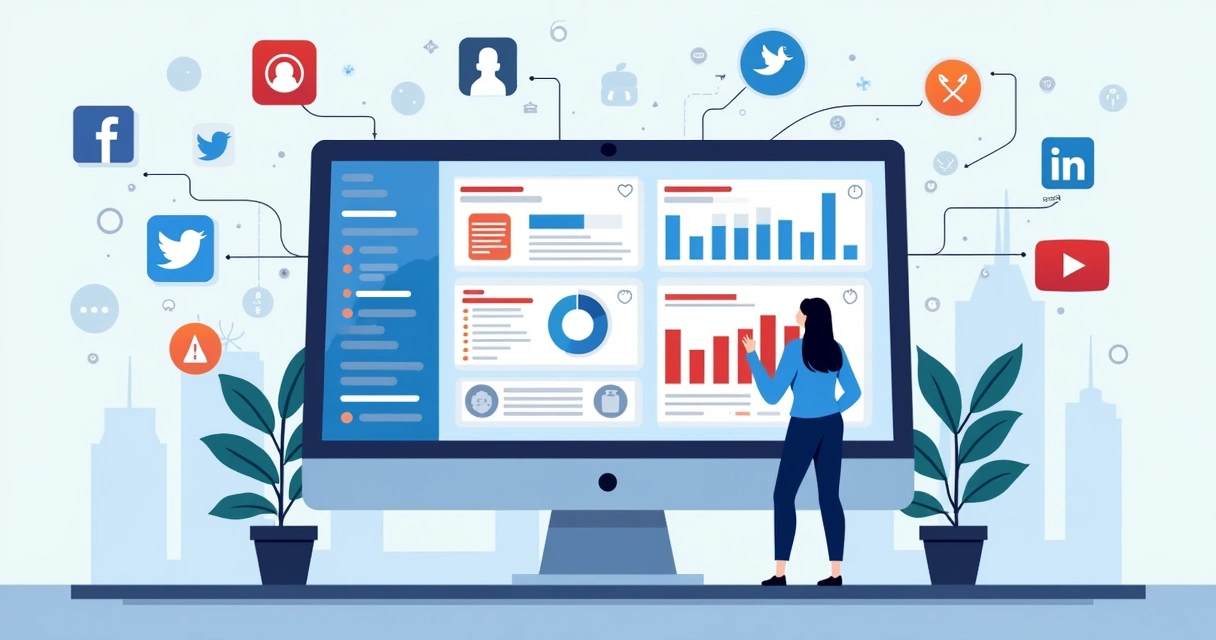 Ilustração corporativa mostrando análise de dados em tela com gráficos e ícones de influenciadores digitais 