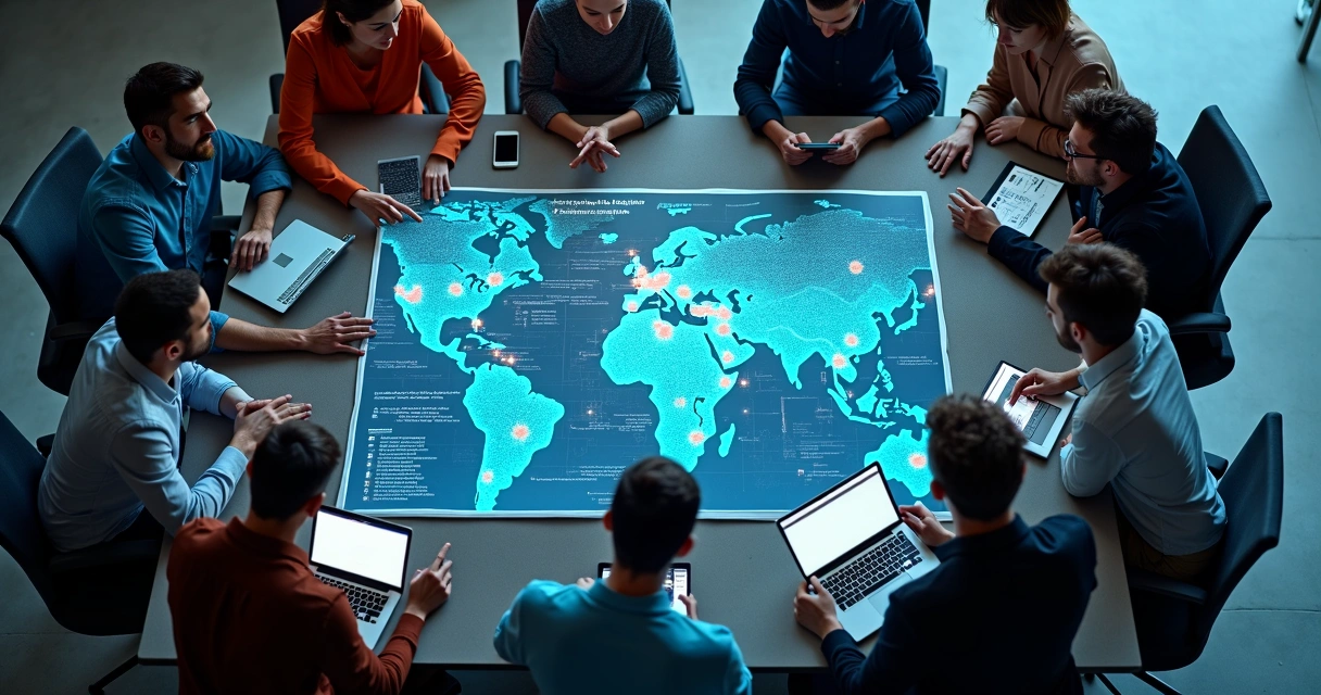 Equipe analisando mapa de riscos digitais em tela grande 