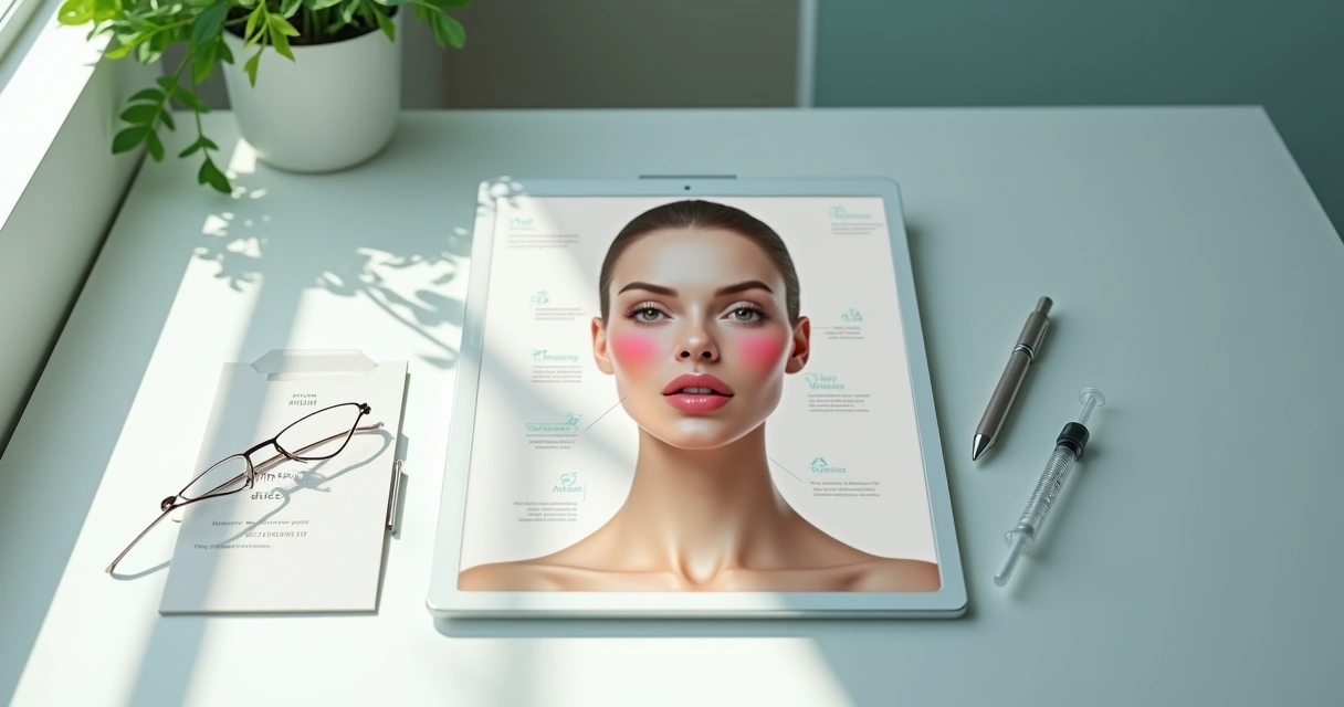 Mapa facial com zonas de tratamento marcadas ao redor do rosto 