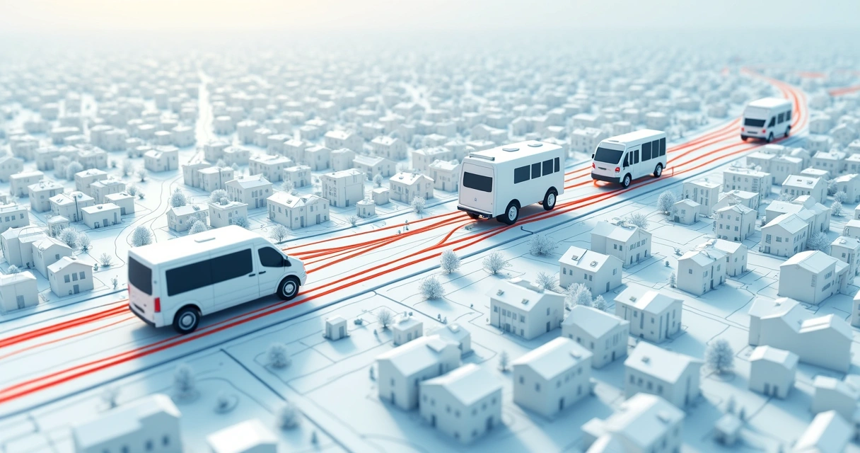 Mapa com rotas de vans corporativas desenhadas entre bairros e empresas 