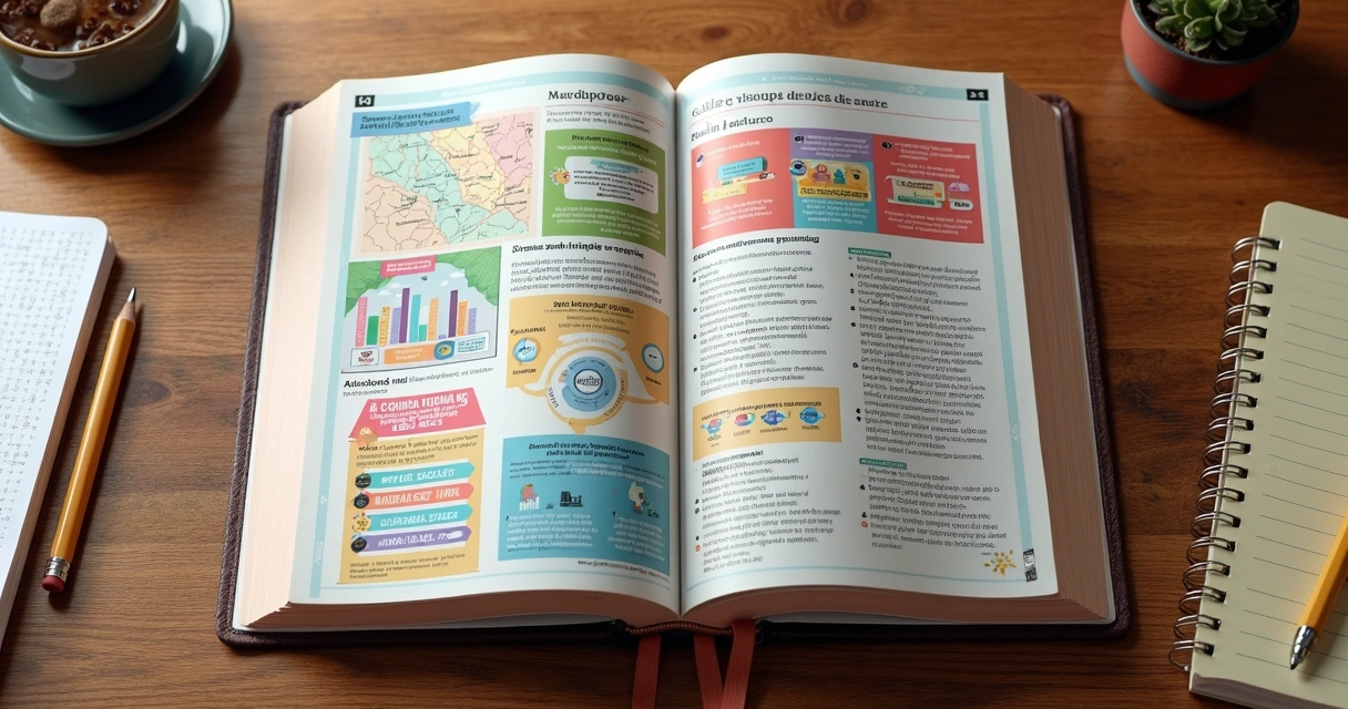 Página de Bíblia para pré-adolescente com mapas e gráficos coloridos
