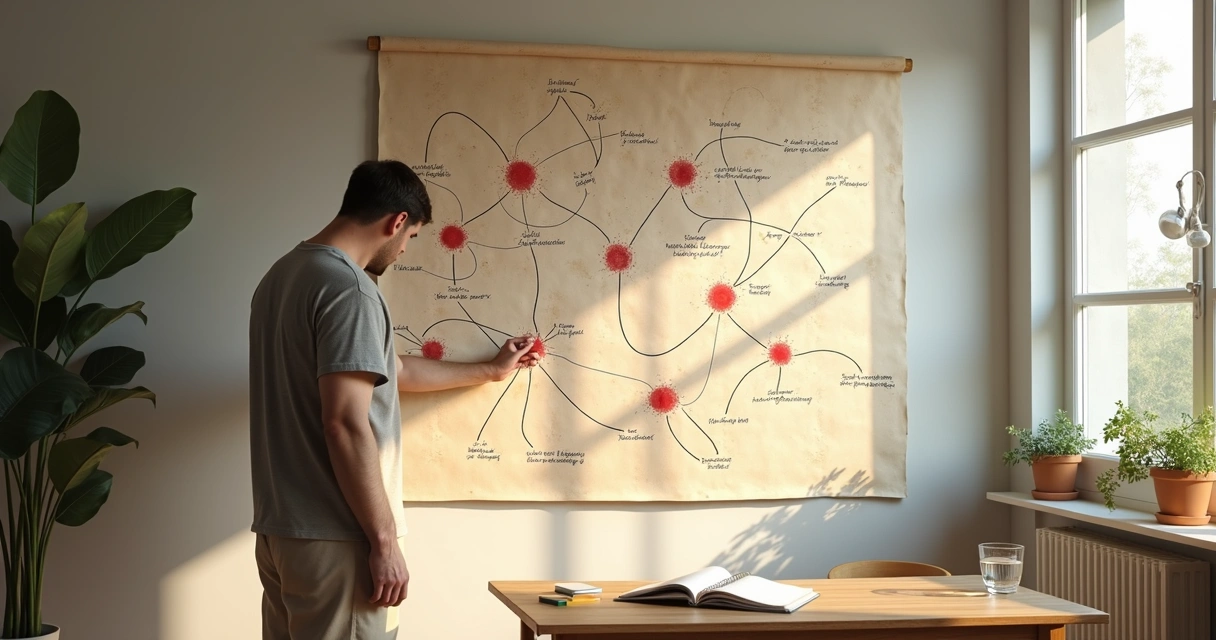 Pessoa analisando mapa mural com linhas destacando pontos de ruptura emocional 