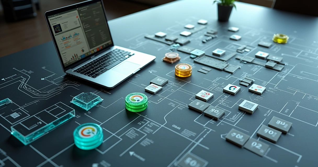 Mapa de saídas de caixa por centros de custo com ícones sobre planta baixa estilizada 