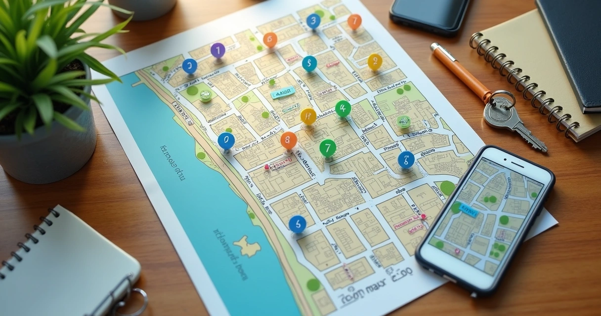 Mapa urbano com serviços e transporte ao redor
