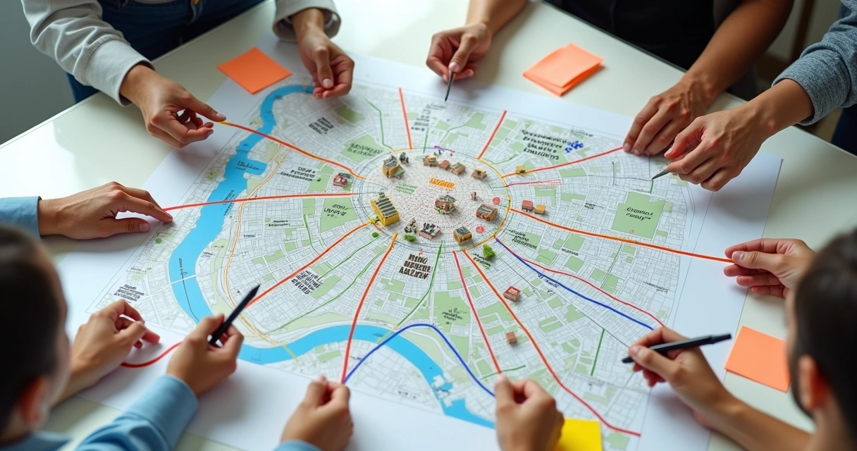 Mapa urbano com conexões entre serviços públicos locais 