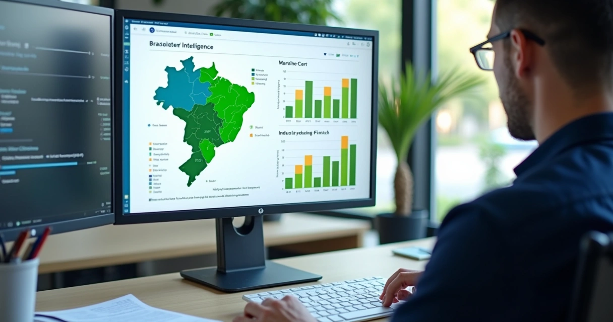 Painel com mapa e indicadores de setores econômicos 