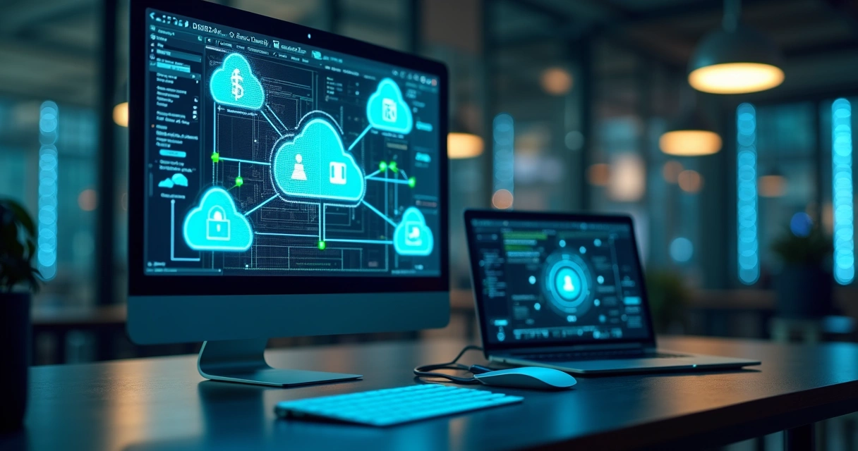 Mapa digital de sistemas não autorizados em ambiente corporativo com ícones de nuvem e software conectados 