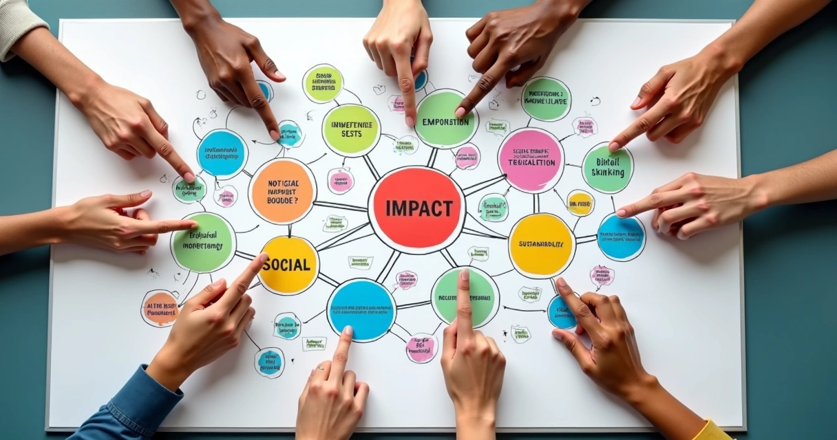 Mapa conceptual colorido con conexiones sobre impacto social y sistemas