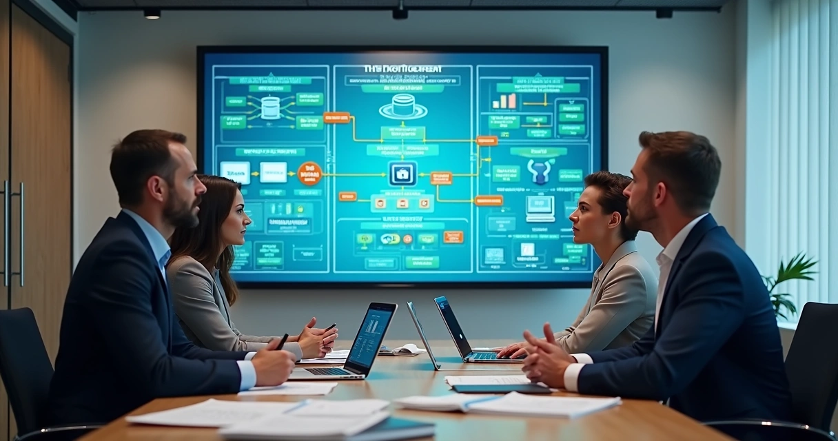 Equipe revisando mapa de sistemas e integrações em tela grande 