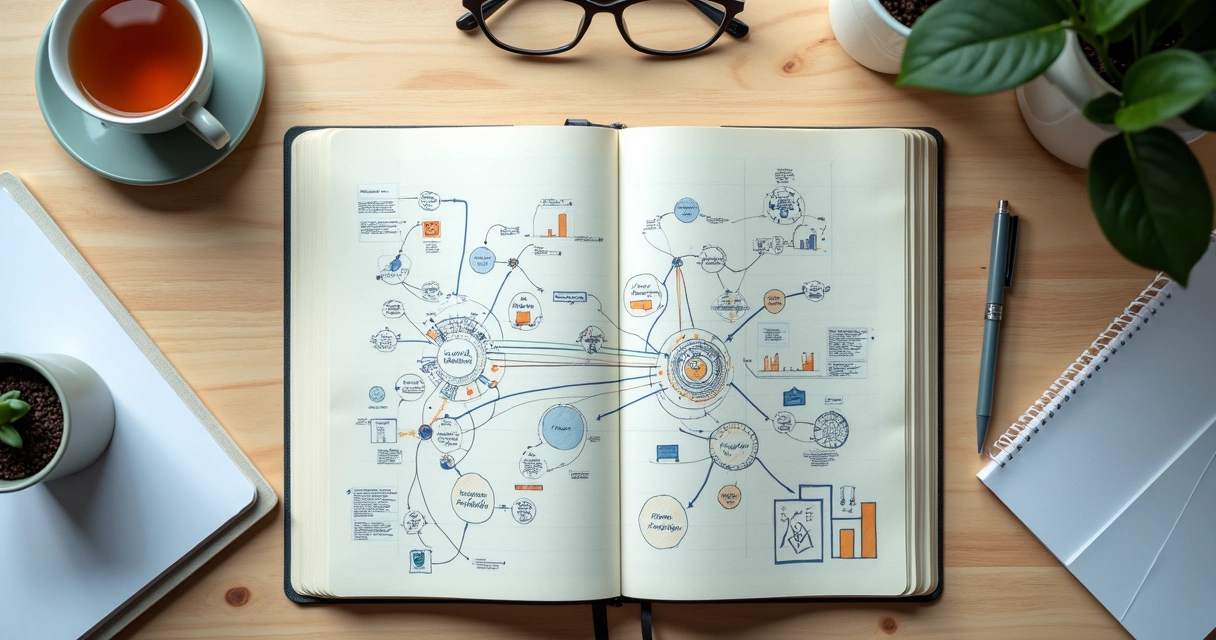 Caderno com mapa sistêmico desenhado à mão sobre uma mesa clara