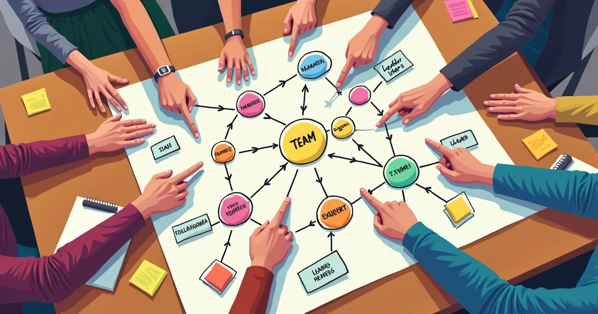 Diagrama colorido de conexiones en un equipo durante una sesión de coaching. 