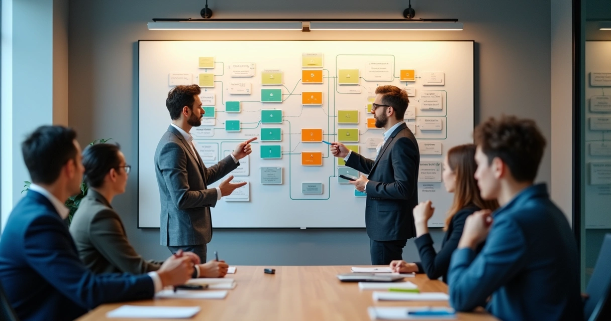 Painel com mapa sistêmico de uma empresa e conexões entre pessoas 