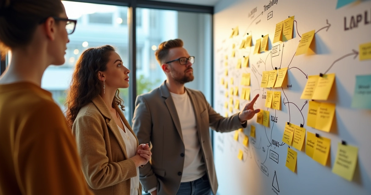 Equipe observando mapa com conexões entre problemas e soluções 