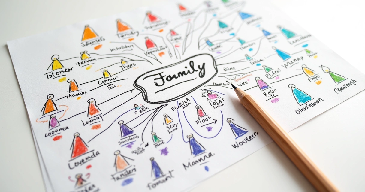 Desenho simples de um mapa sistêmico com conexões familiares 