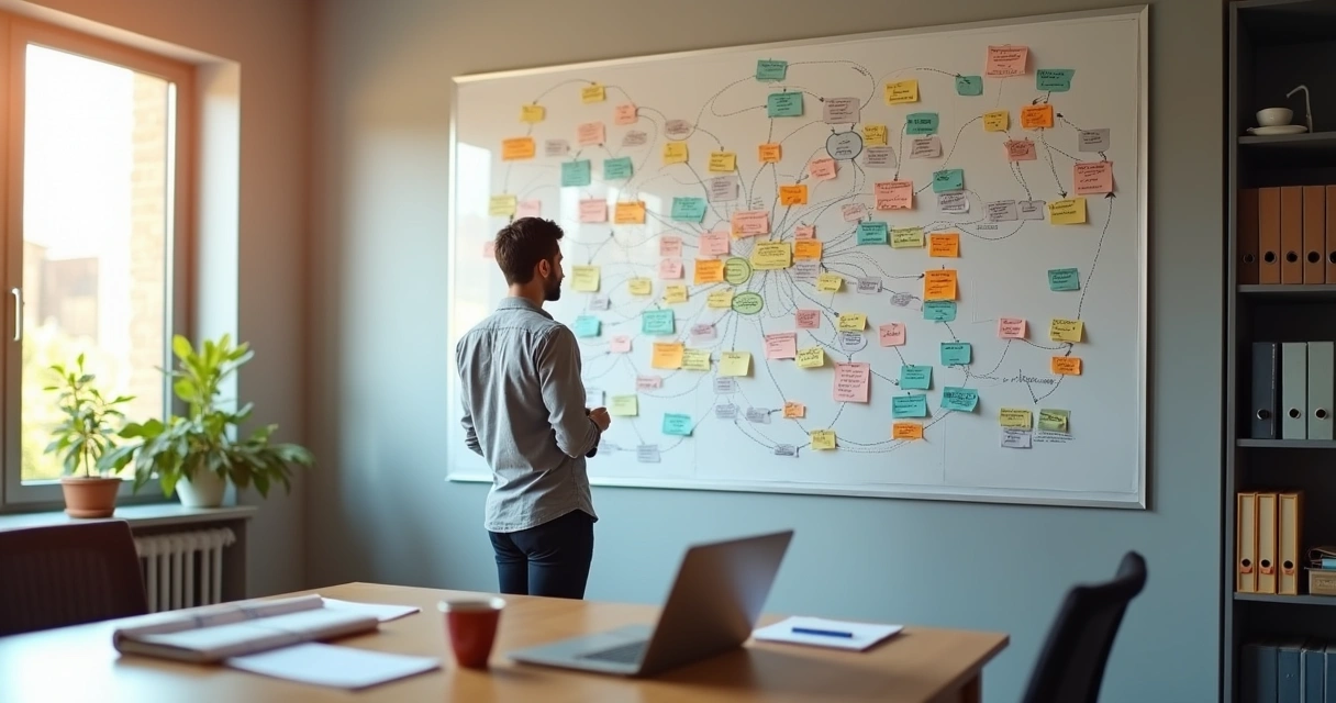 Profesional observa un gran mapa de conexiones en una pared de oficina moderna 