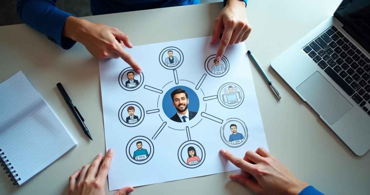 Diagrama visual de reclutamiento con relaciones entre equipo liderazgo y candidato 