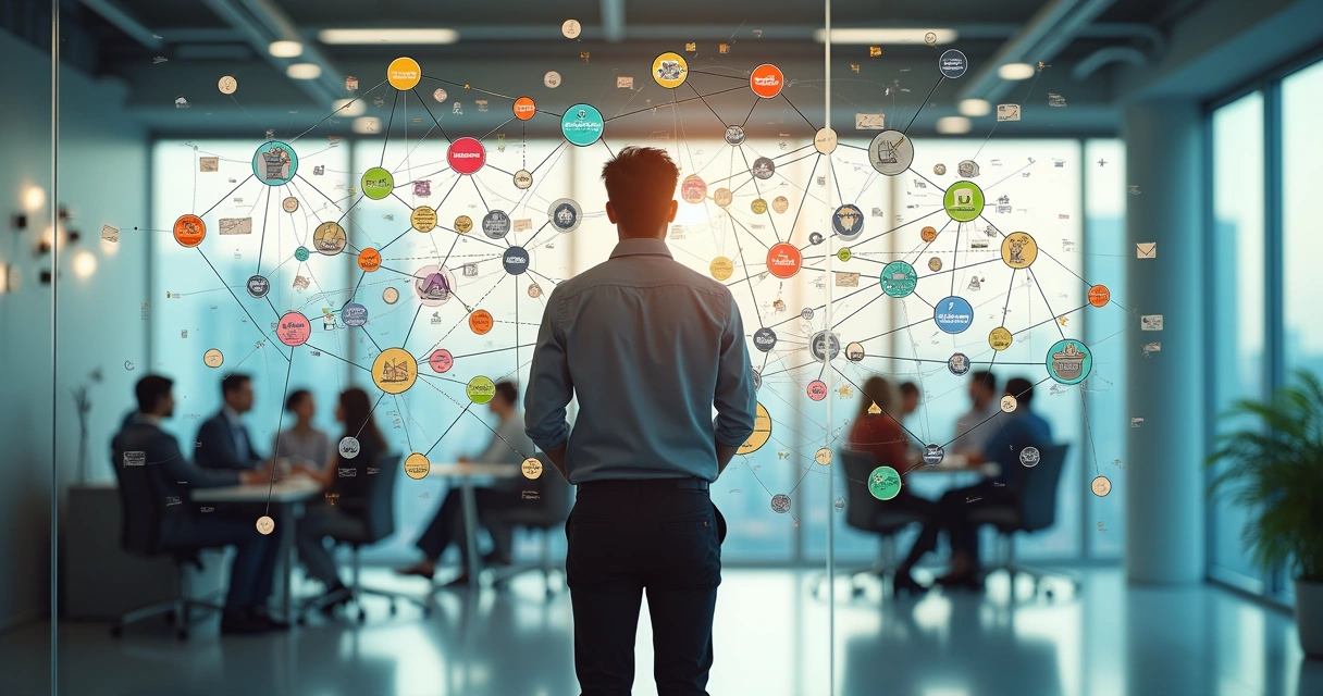 Persona analizando un mapa sistémico de riesgos organizacionales en una pared transparente 