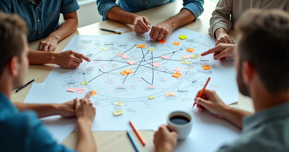 Manos de varias personas dibujando un mapa de relaciones en una pizarra blanca, con flechas y notas de colores.