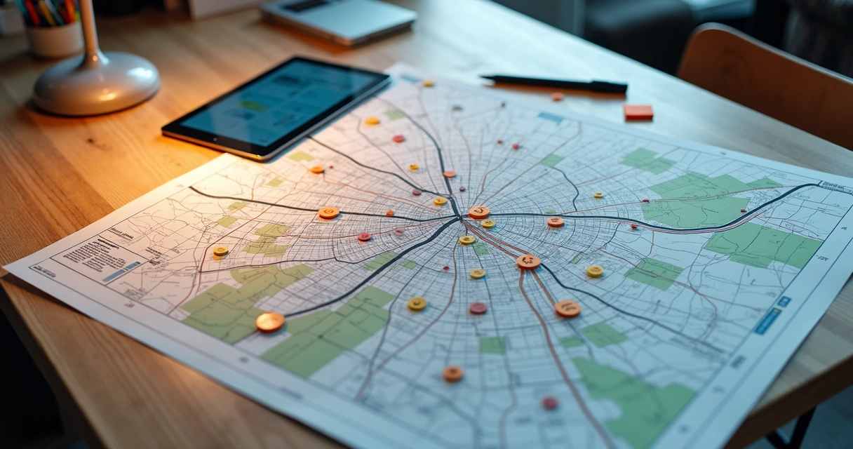 Mapa social com camadas de dados e anotações 