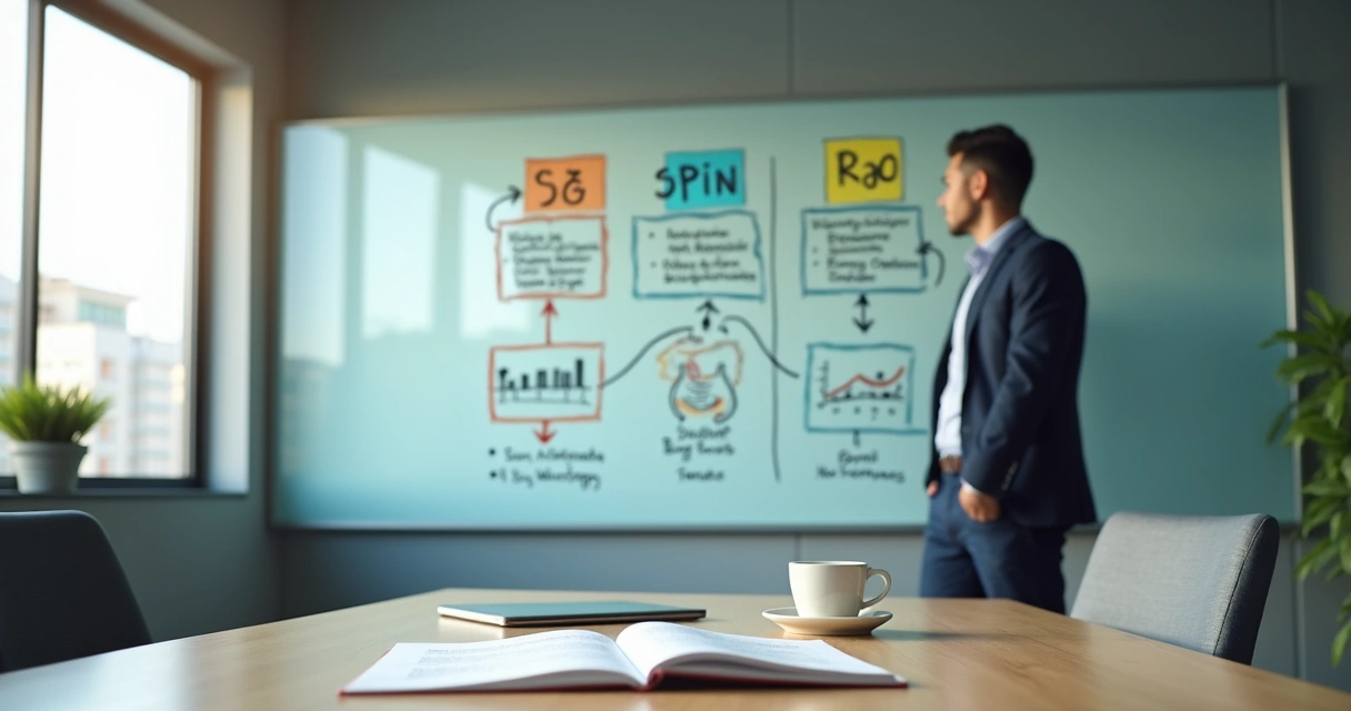 Consultor de BPO financeiro usando quadro com mapa do método SPIN e números em crescimento 