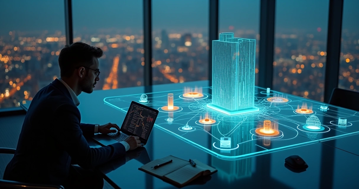 Analista de segurança observando holograma de mapa de superfície de ataque de uma empresa 