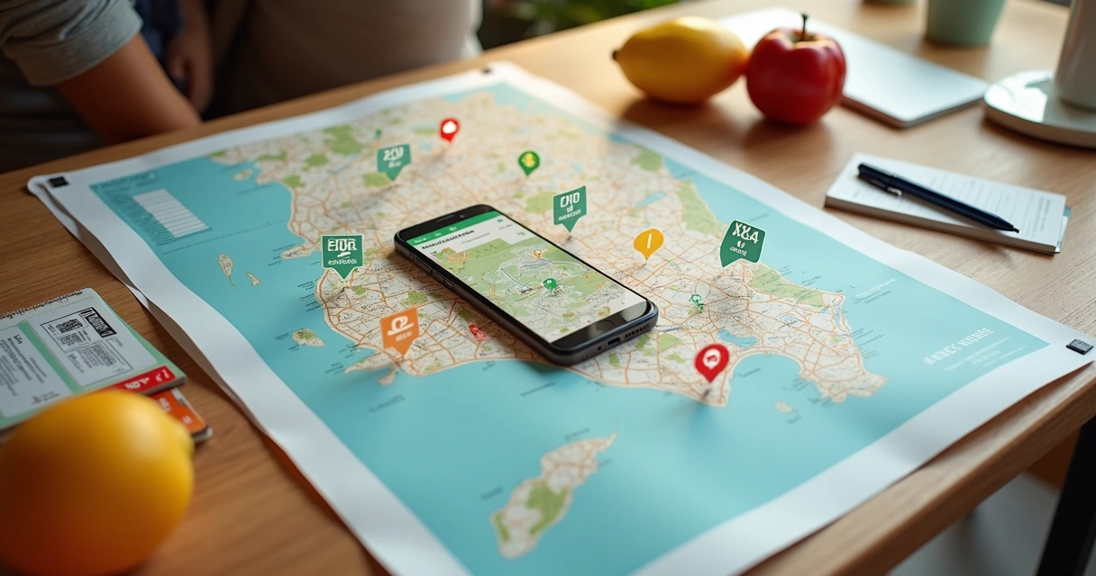 Mapa do Rio de Janeiro com supermercados destacados e valores sendo comparados 