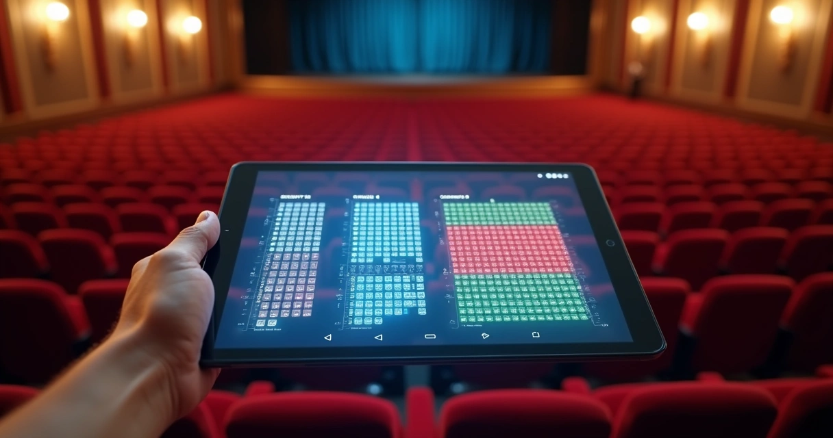 Vista aérea de plateia de teatro com mapa digital colorido projetado sobre as poltronas 