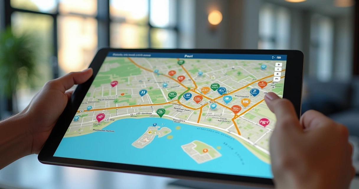 Mapa digital mostrando bairros, pontos de interesse e ícones de imóveis