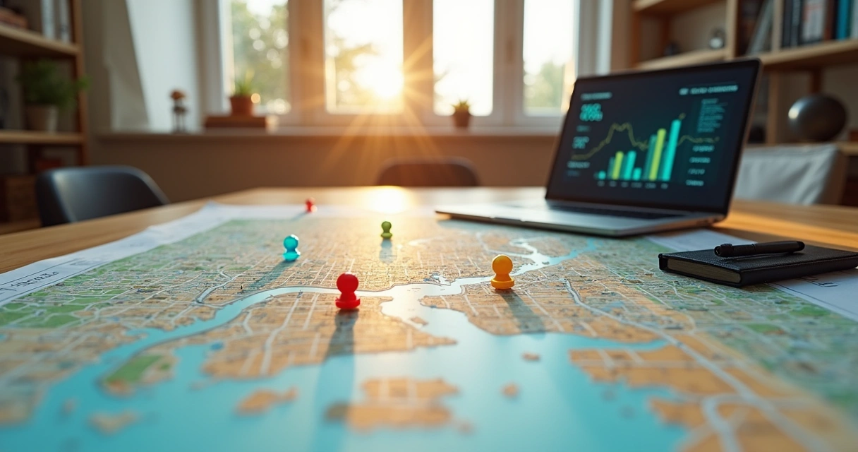 Mapa urbano em mesa com marcadores coloridos para análise imobiliária 