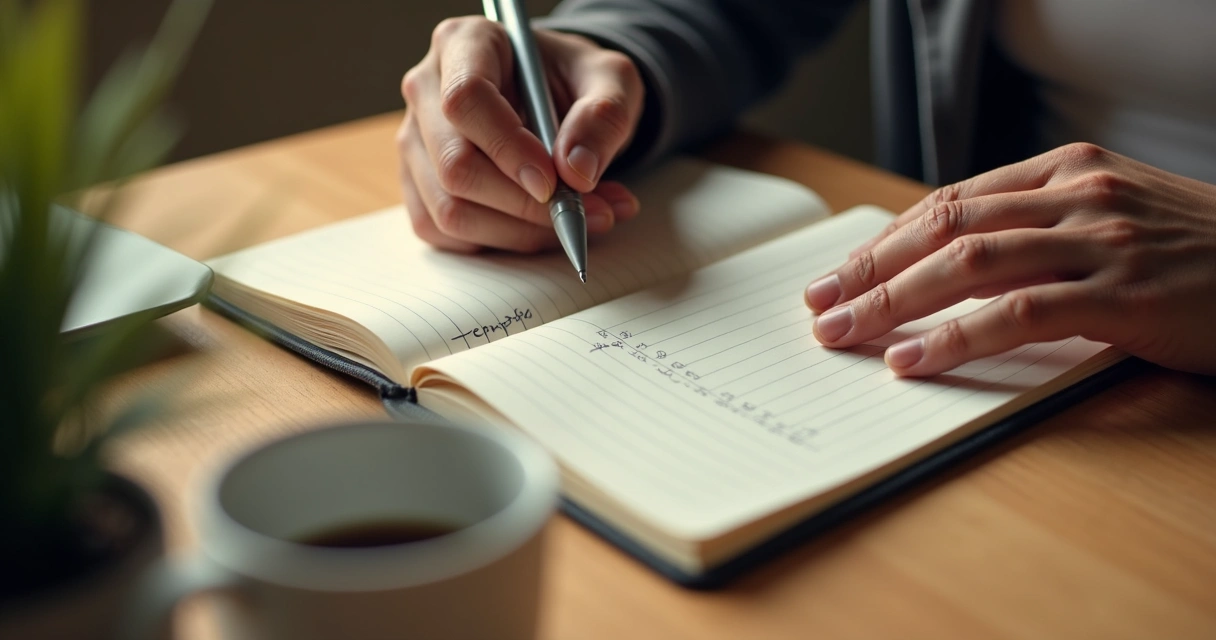 Pessoa anotando tensões do corpo em um caderno
