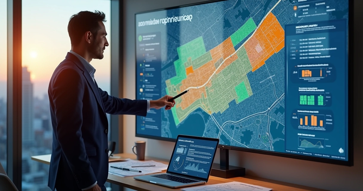 Corretor analisando mapa digital com terrenos e dados de viabilidade construtiva 
