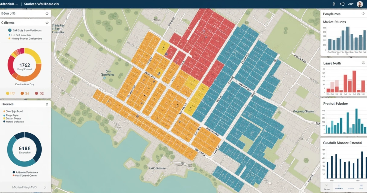 Mapa com marcações de terrenos em diferentes bairros de Pelotas, separados por cores e métricas urbanísticas. 