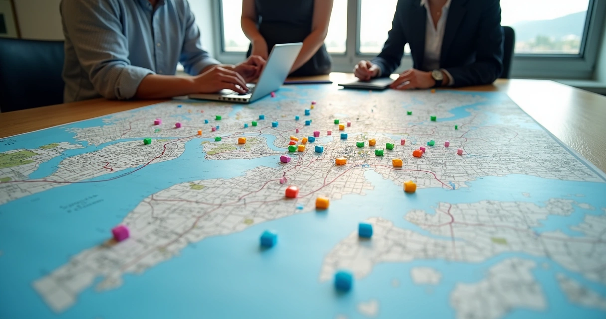 Mapa dividido por regiões para vendas externas mostrando territórios balanceados 