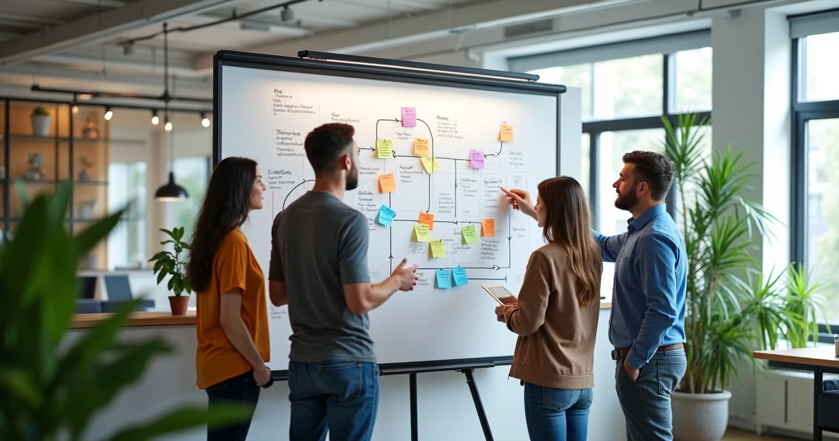 Quadro branco mostrando mapeamento de processos em empresa 