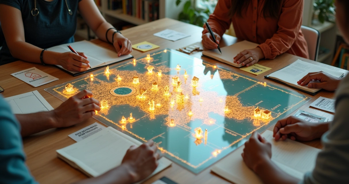 Mãos diversas montando mapa luminoso de impacto social sobre mesa 