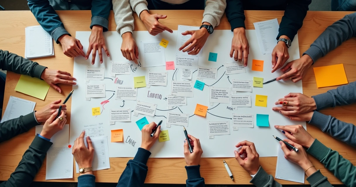 Mural con notas y preguntas para mapear valores empresariales 